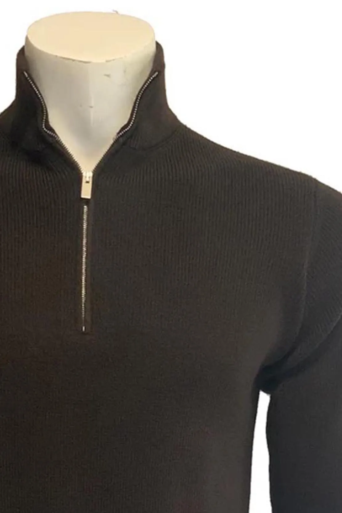 FILIPPO DE LAURENTIIS - Chocolate Brown Wool Half Zip Sweater in Fisherman Knit MZ1MLMWM14P 280