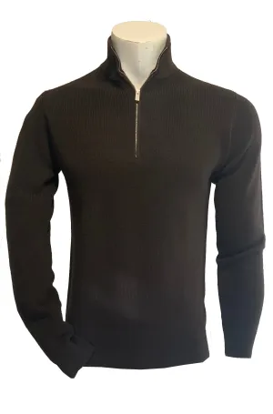 FILIPPO DE LAURENTIIS - Chocolate Brown Wool Half Zip Sweater in Fisherman Knit MZ1MLMWM14P 280