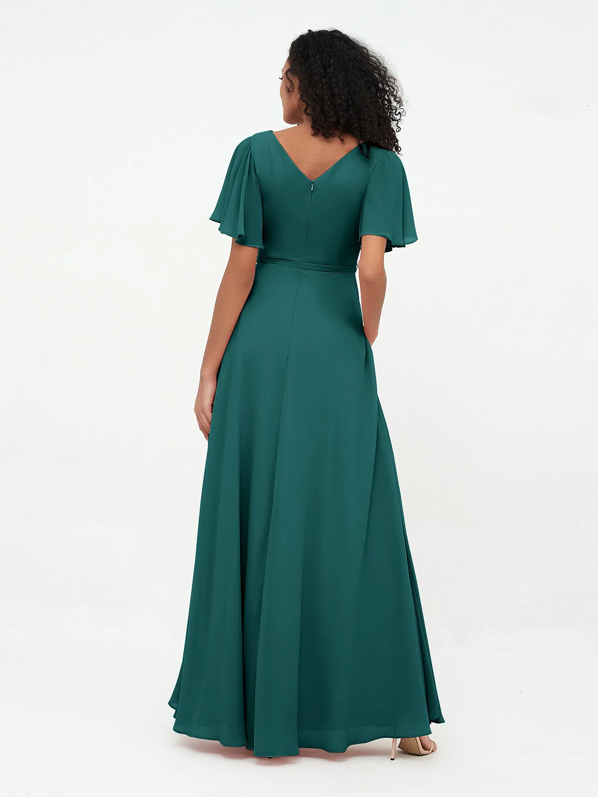 Flutter Sleeves Chiffon Max Dresses with Sash Bow-Peacock