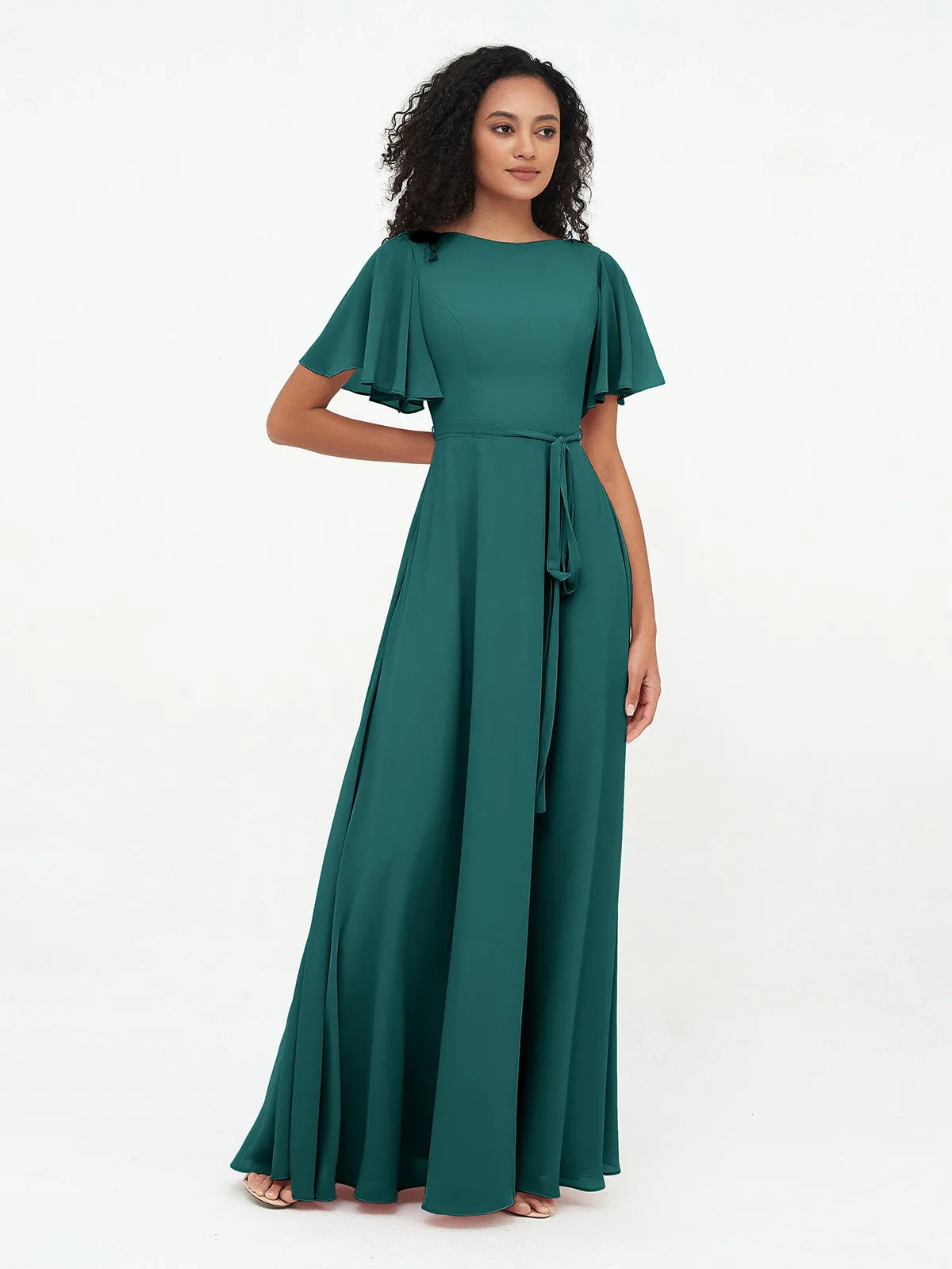 Flutter Sleeves Chiffon Max Dresses with Sash Bow-Peacock