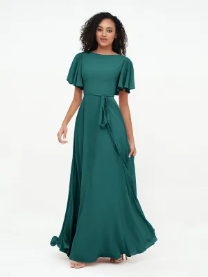 Flutter Sleeves Chiffon Max Dresses with Sash Bow-Peacock