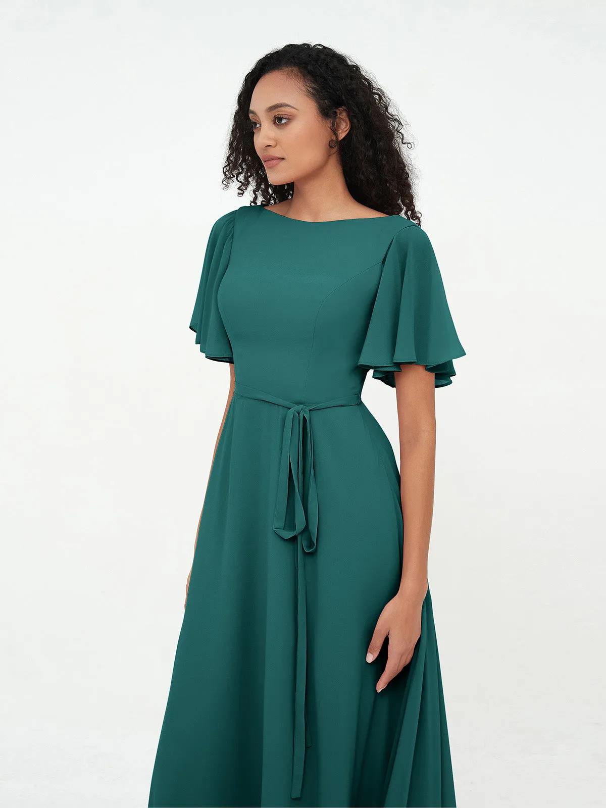 Flutter Sleeves Chiffon Max Dresses with Sash Bow-Peacock