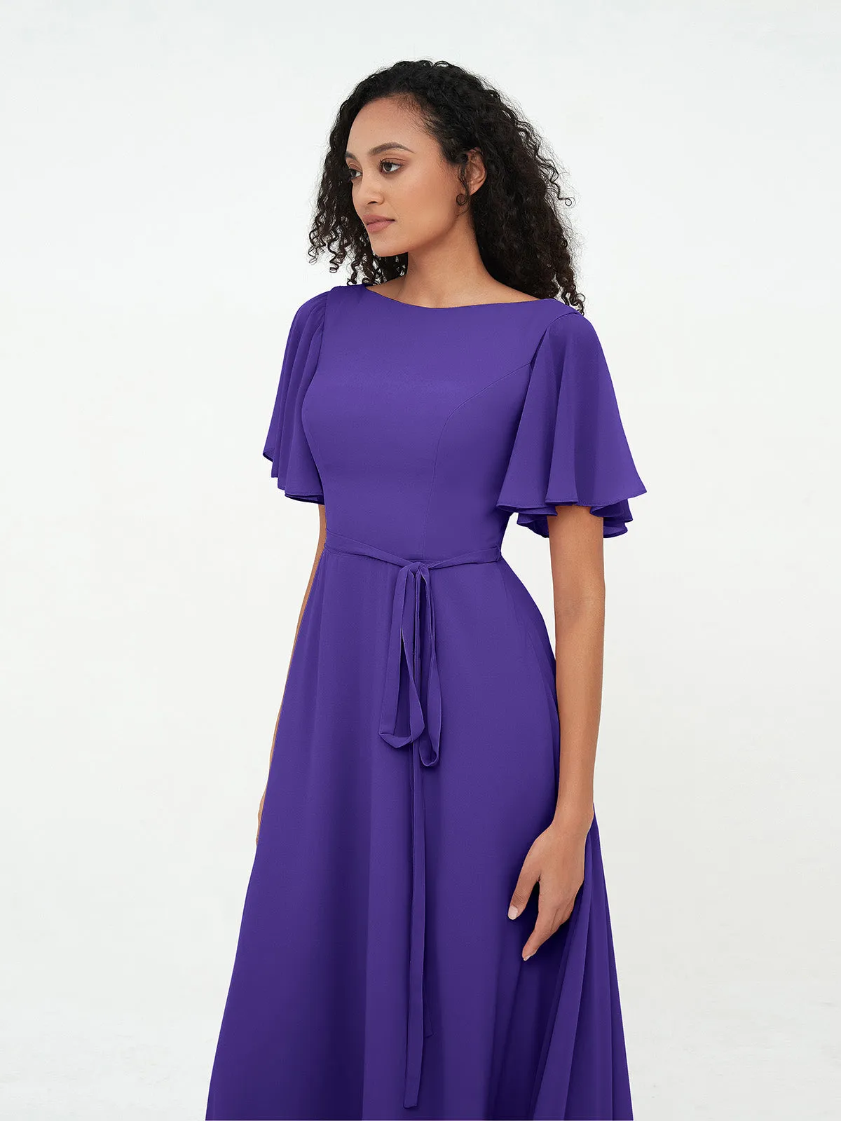 Flutter Sleeves Chiffon Max Dresses with Sash Bow-Regency