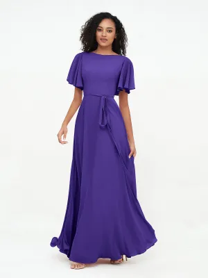 Flutter Sleeves Chiffon Max Dresses with Sash Bow-Regency