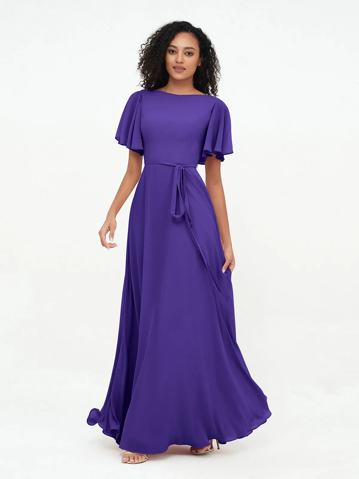 Flutter Sleeves Chiffon Max Dresses with Sash Bow-Regency