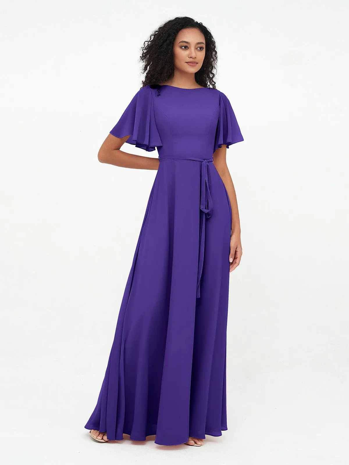 Flutter Sleeves Chiffon Max Dresses with Sash Bow-Regency