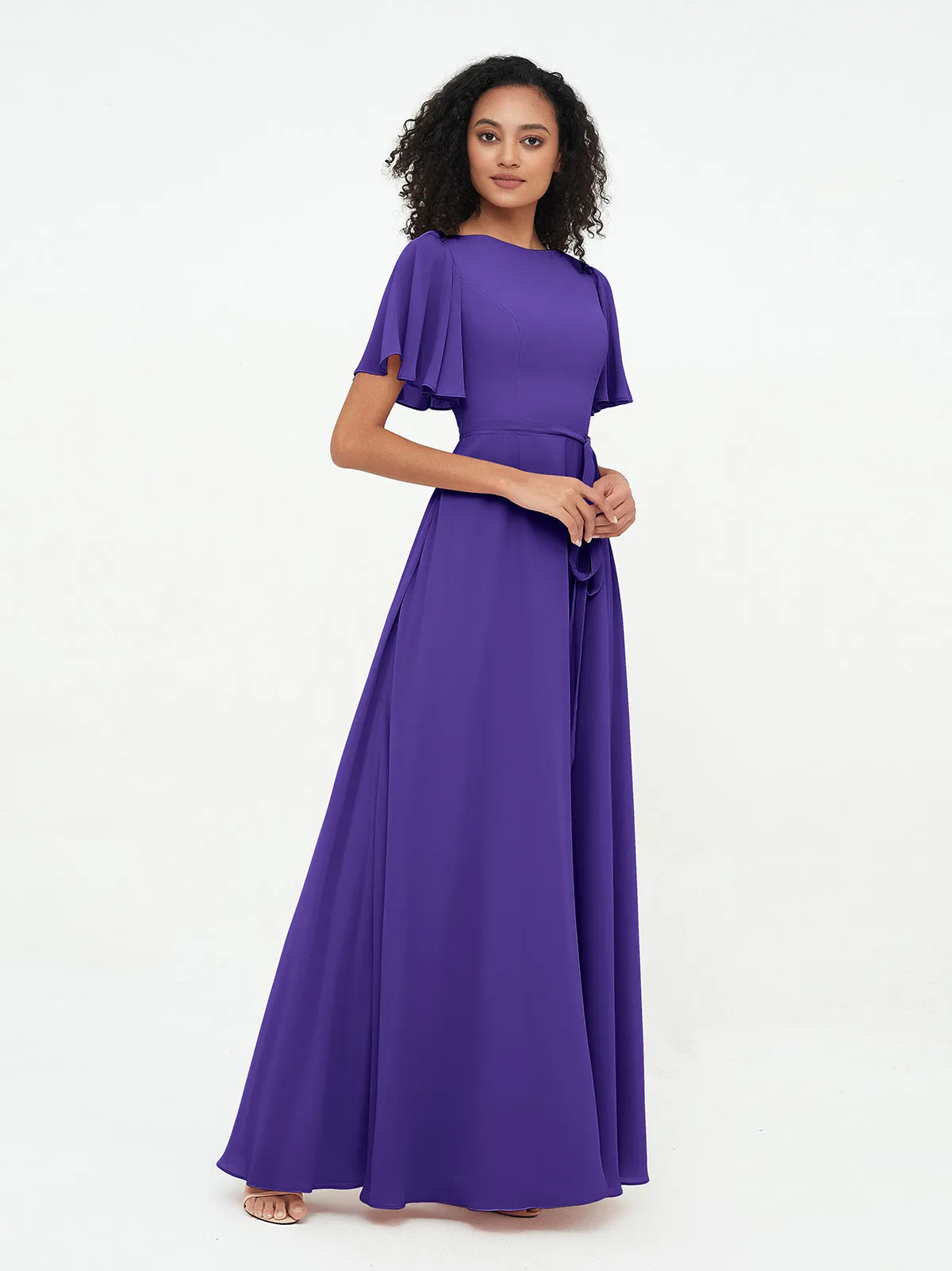 Flutter Sleeves Chiffon Max Dresses with Sash Bow-Regency