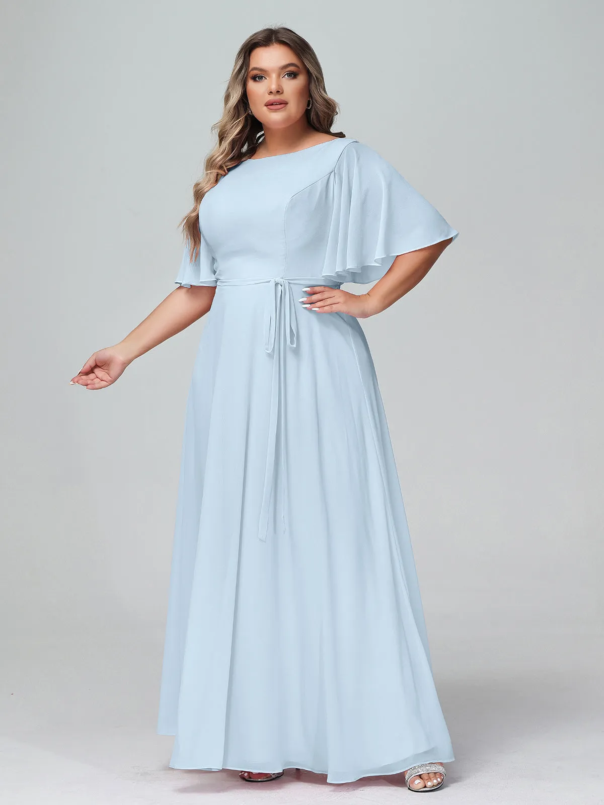 Flutter Sleeves Chiffon Max Dresses with Sash Bow-Sky Blue Plus Size