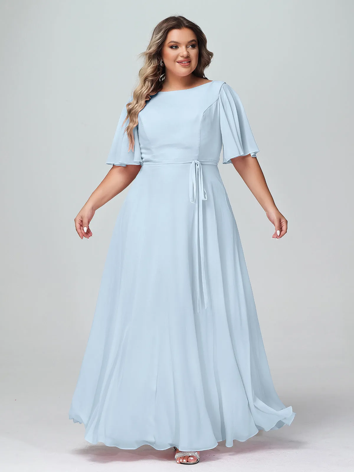 Flutter Sleeves Chiffon Max Dresses with Sash Bow-Sky Blue Plus Size