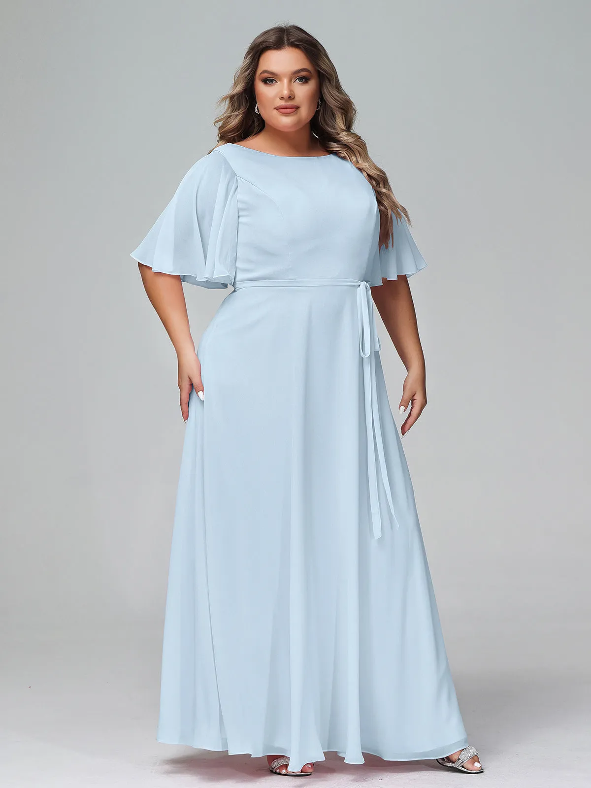 Flutter Sleeves Chiffon Max Dresses with Sash Bow-Sky Blue Plus Size