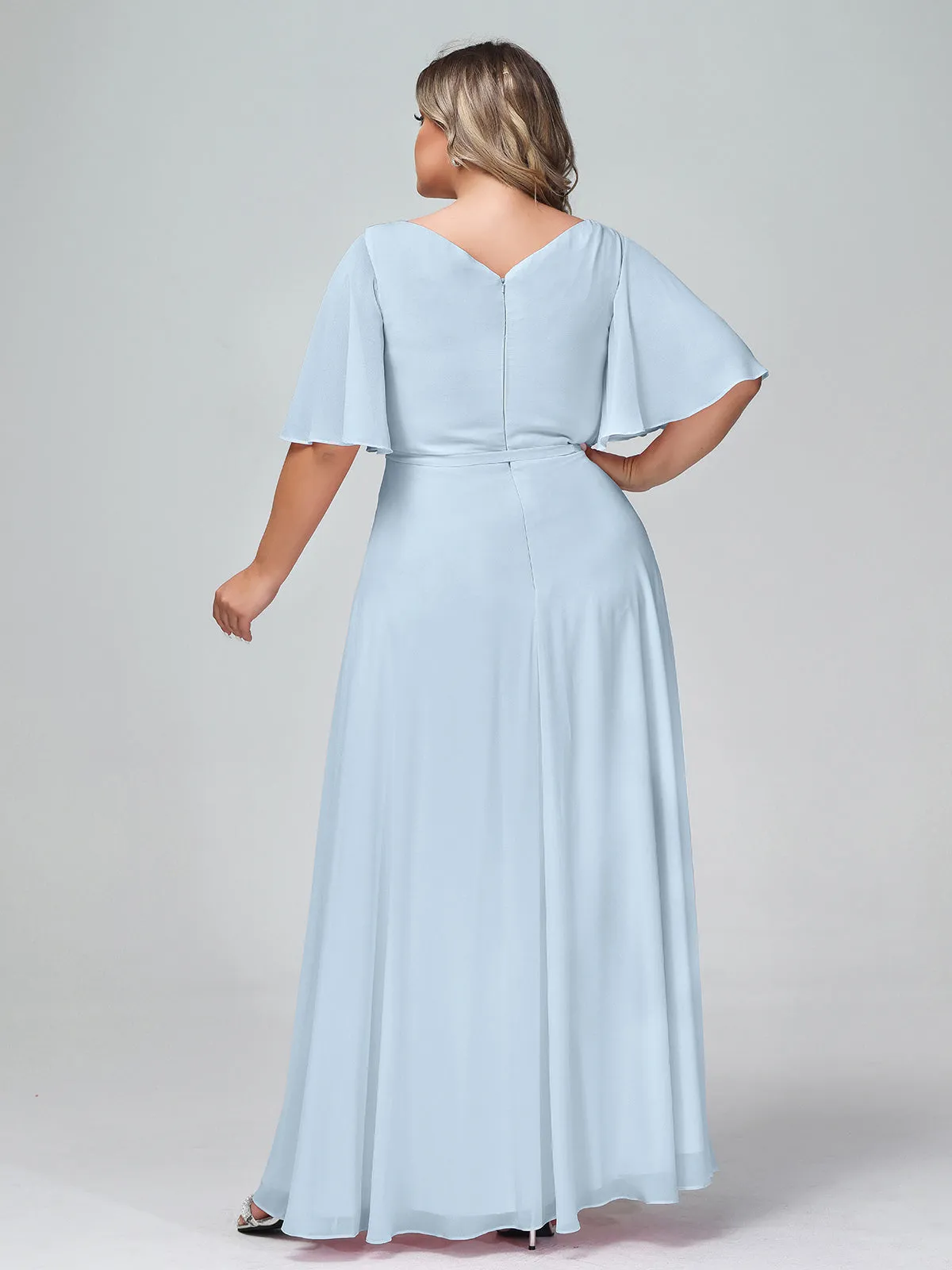 Flutter Sleeves Chiffon Max Dresses with Sash Bow-Sky Blue Plus Size