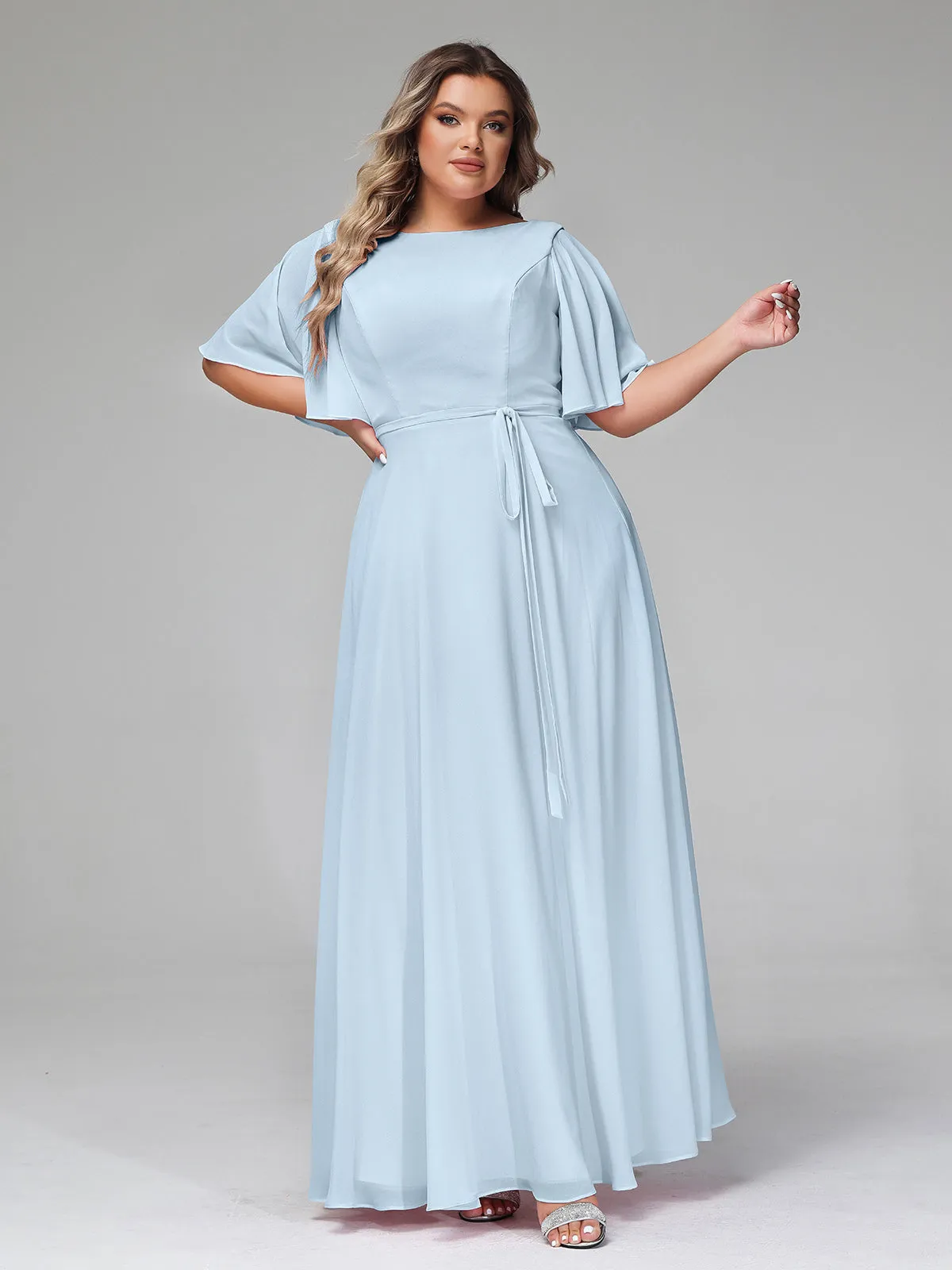Flutter Sleeves Chiffon Max Dresses with Sash Bow-Sky Blue Plus Size