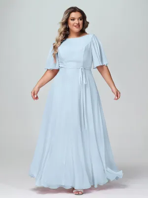 Flutter Sleeves Chiffon Max Dresses with Sash Bow-Sky Blue Plus Size