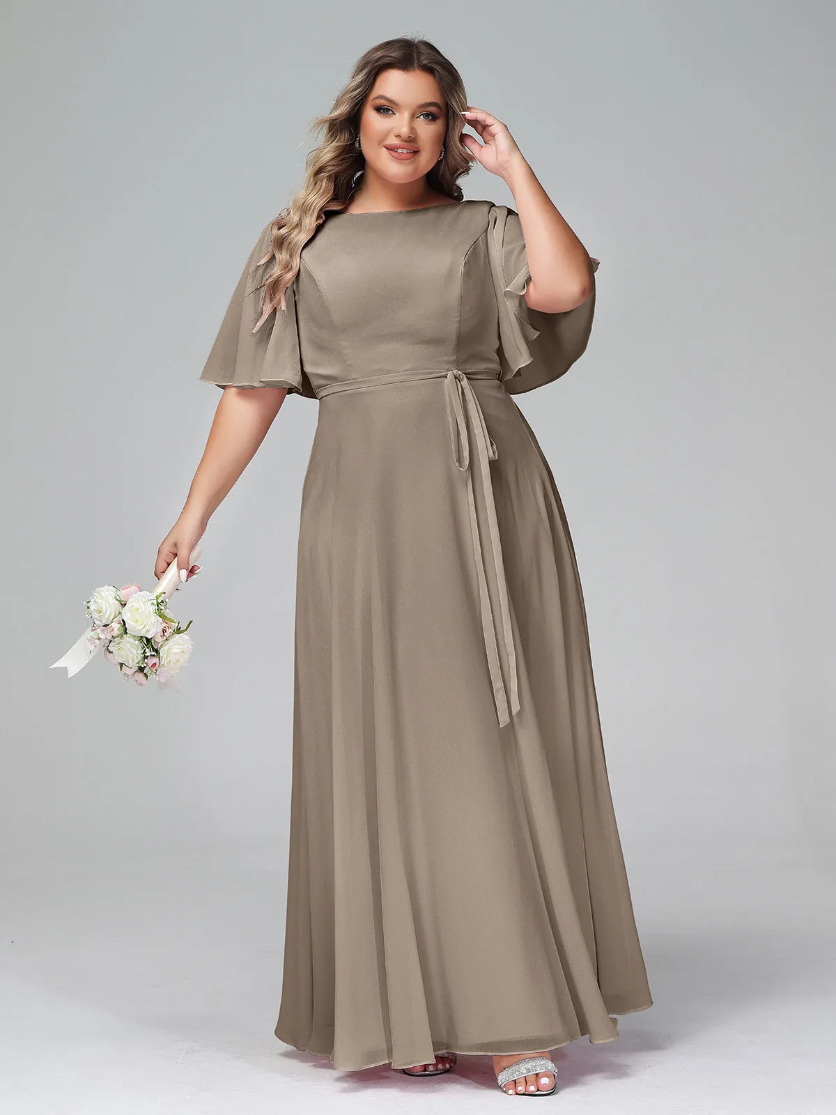Flutter Sleeves Chiffon Max Dresses with Sash Bow-Taupe Plus Size