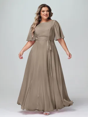 Flutter Sleeves Chiffon Max Dresses with Sash Bow-Taupe Plus Size