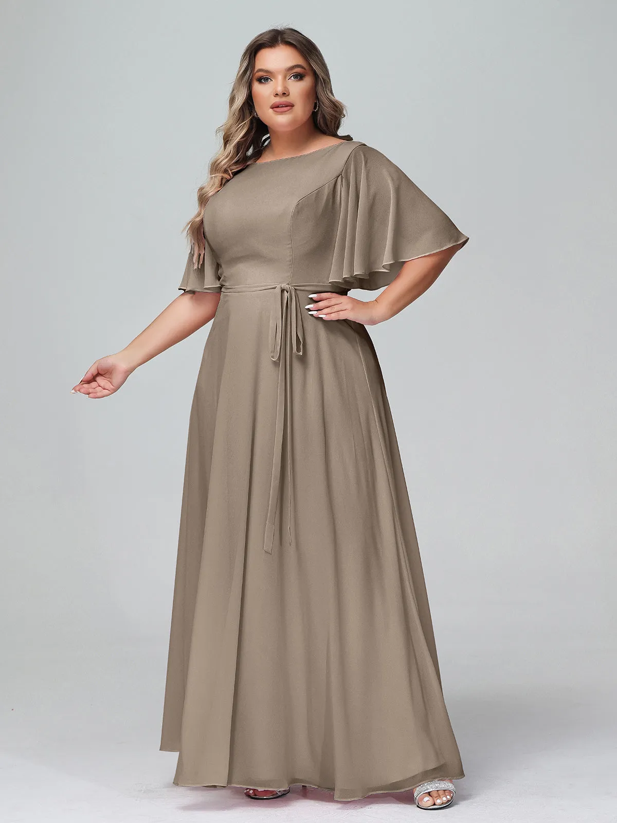 Flutter Sleeves Chiffon Max Dresses with Sash Bow-Taupe Plus Size