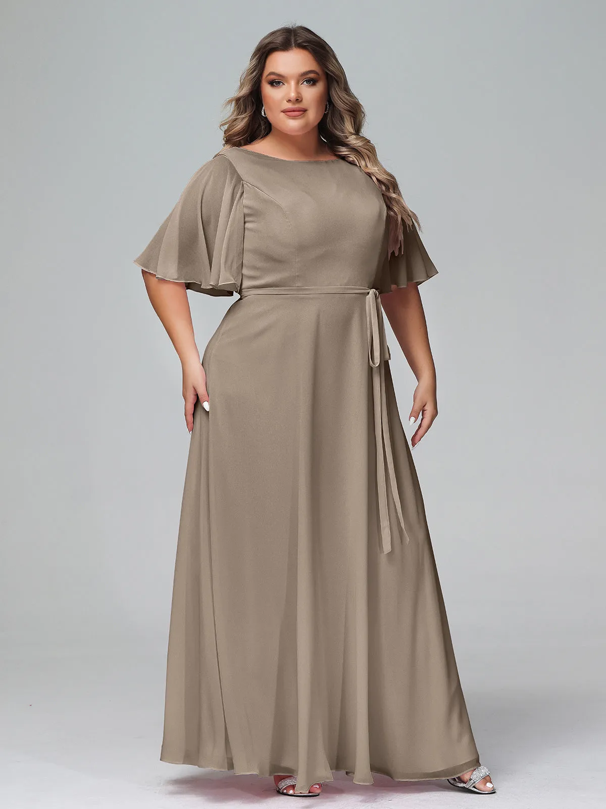 Flutter Sleeves Chiffon Max Dresses with Sash Bow-Taupe Plus Size