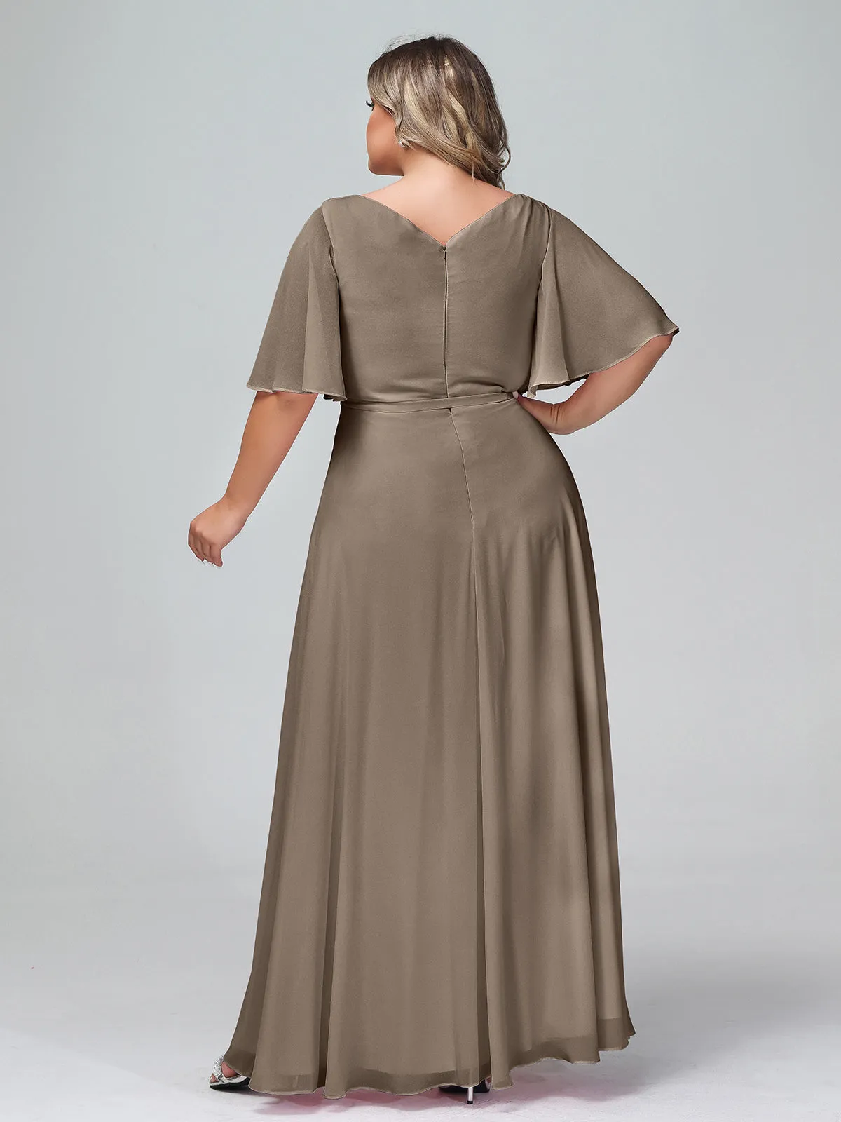 Flutter Sleeves Chiffon Max Dresses with Sash Bow-Taupe Plus Size