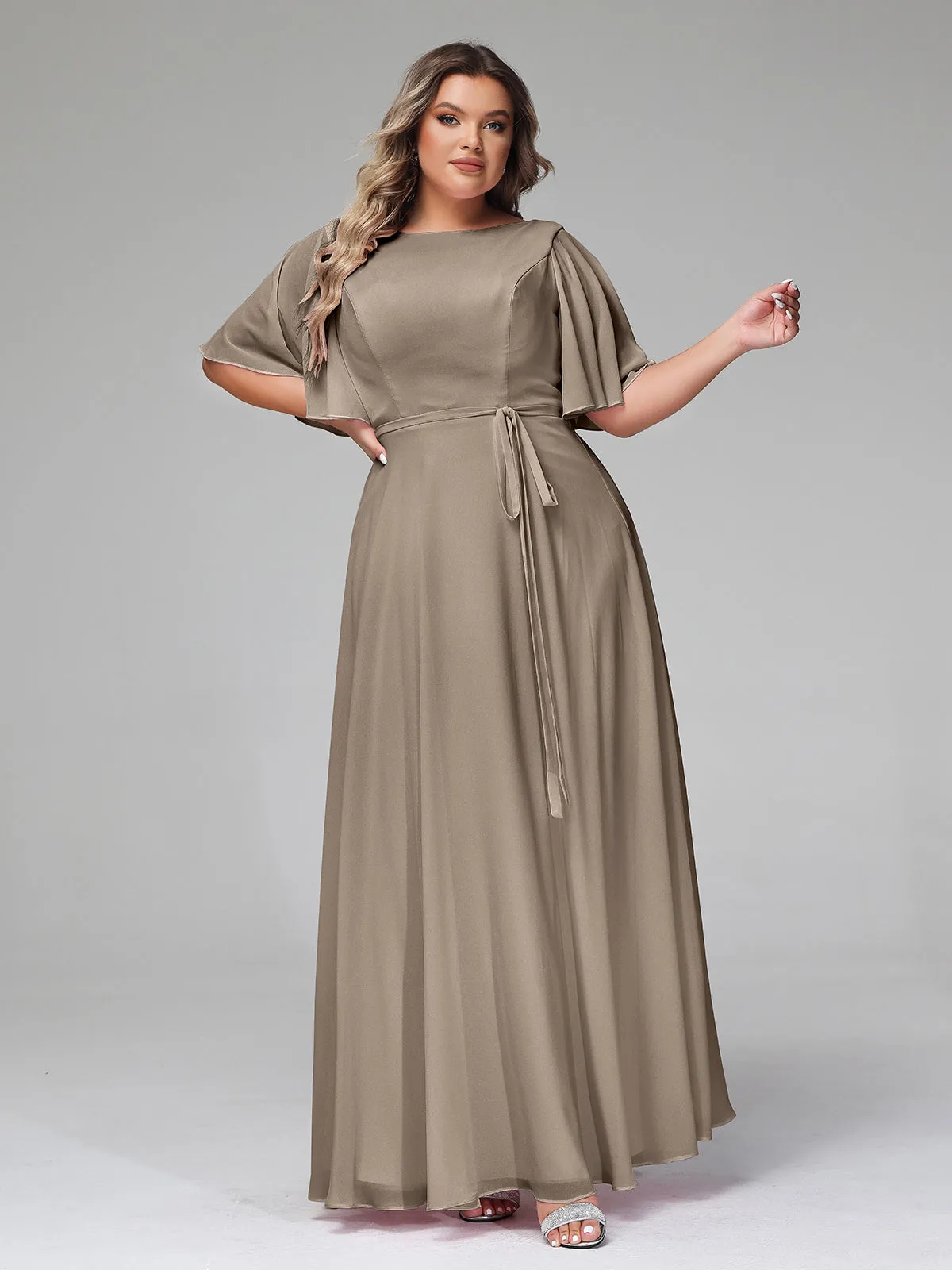 Flutter Sleeves Chiffon Max Dresses with Sash Bow-Taupe Plus Size