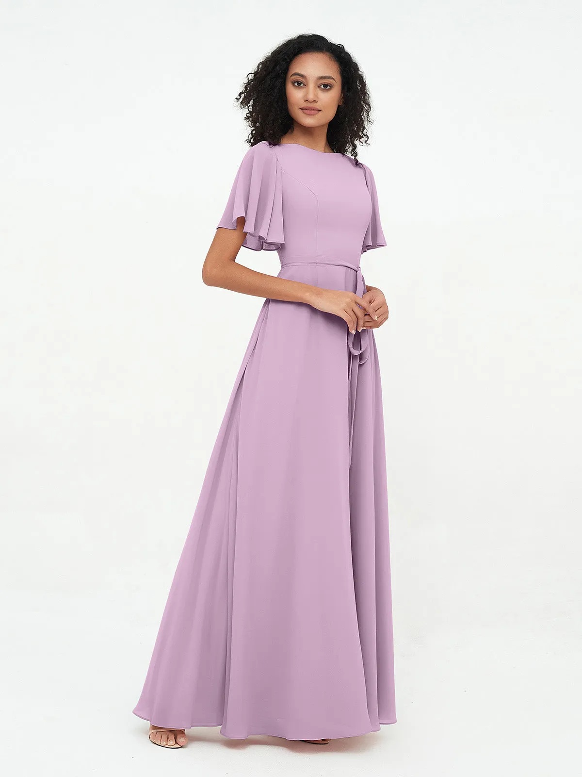 Flutter Sleeves Chiffon Max Dresses with Sash Bow-Wisteria