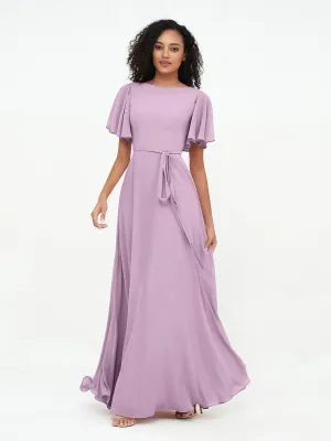 Flutter Sleeves Chiffon Max Dresses with Sash Bow-Wisteria