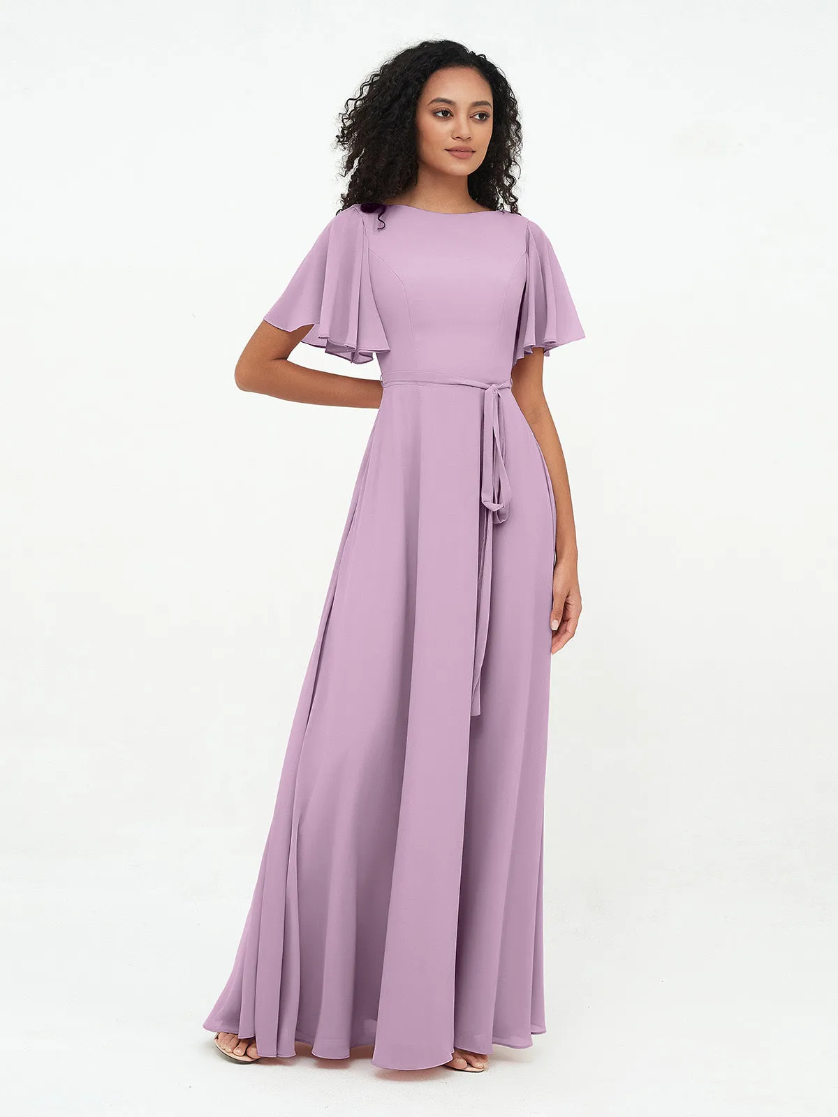 Flutter Sleeves Chiffon Max Dresses with Sash Bow-Wisteria
