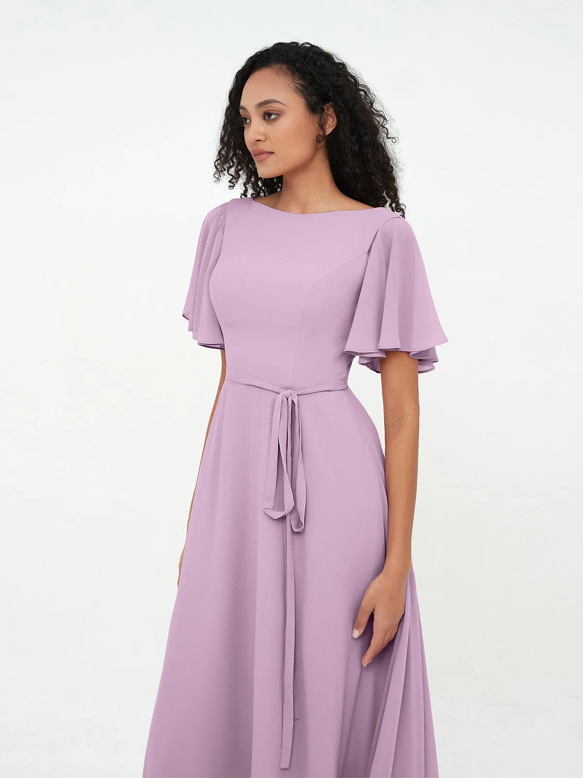 Flutter Sleeves Chiffon Max Dresses with Sash Bow-Wisteria