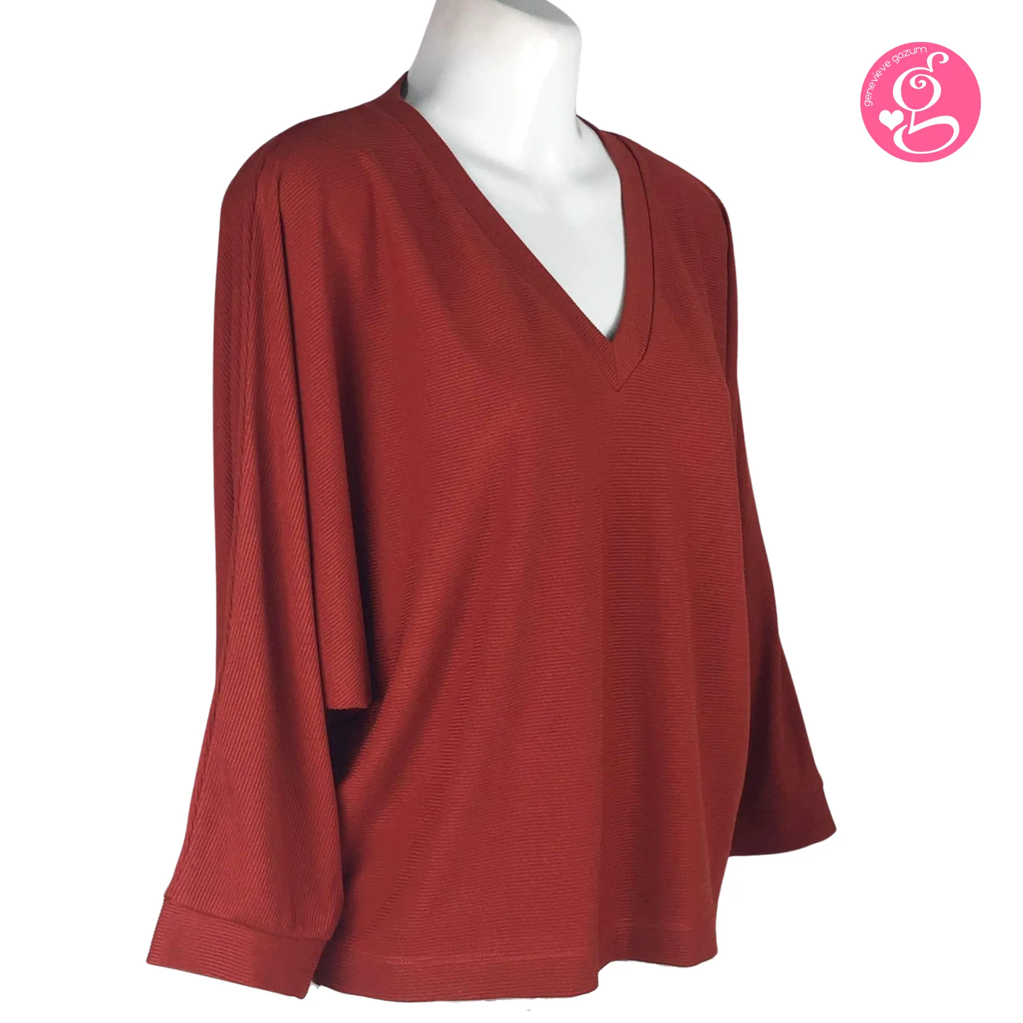 Genevieve Gozum Pullover Blouse with Dolman Sleeves & V Neck