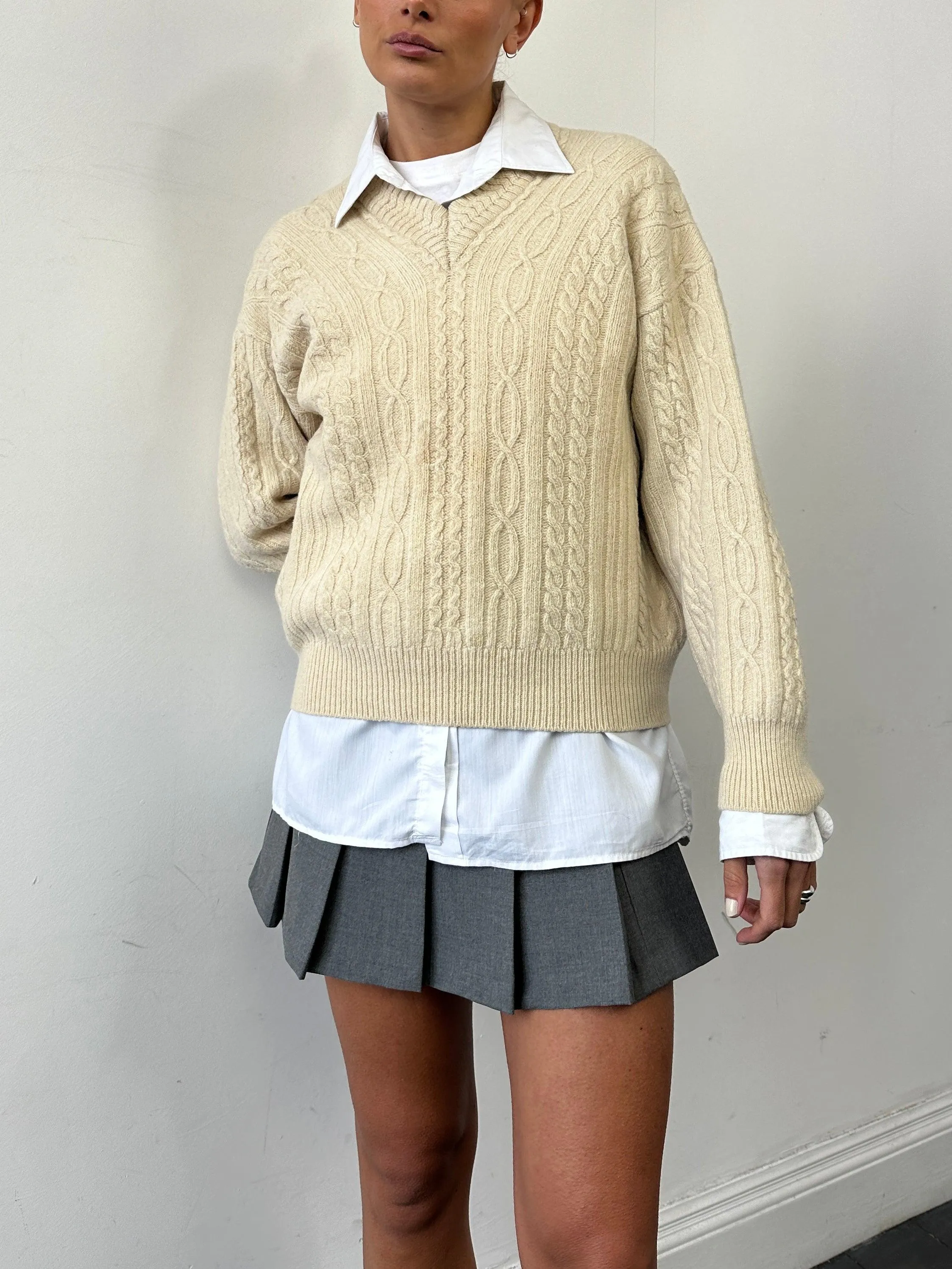 Gianfranco Ferre Silk Lambswool Cable Knit V Neck Jumper - M