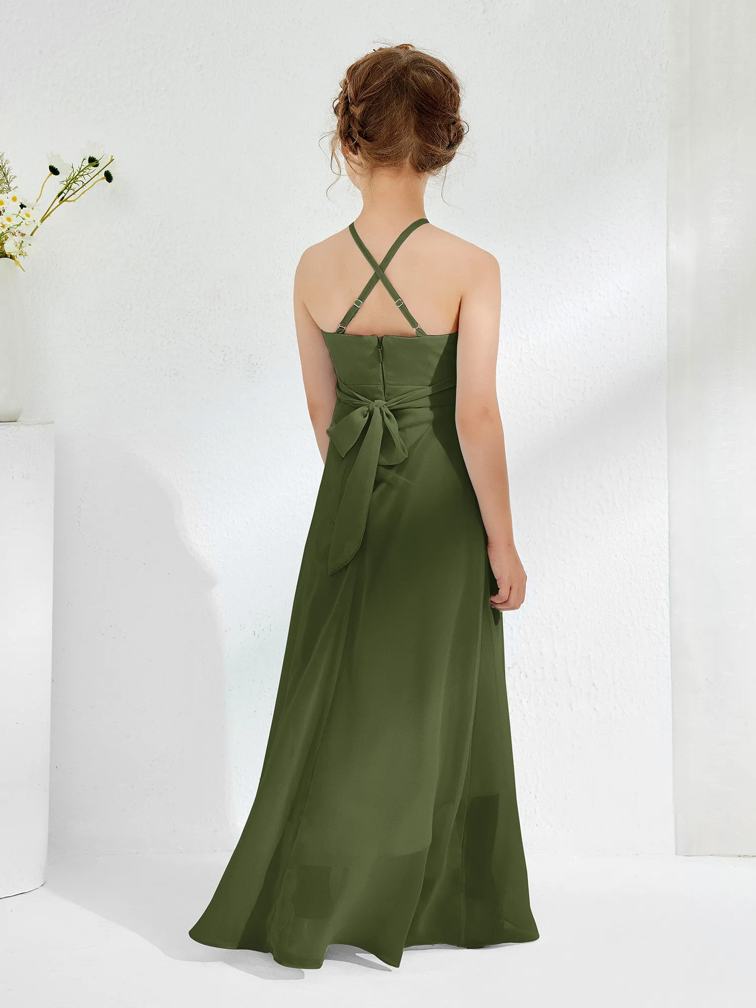 Halter Neckline Junior Bridesmaid Dresses with Sash Olive Green