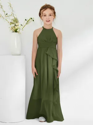 Halter Neckline Junior Bridesmaid Dresses with Sash Olive Green