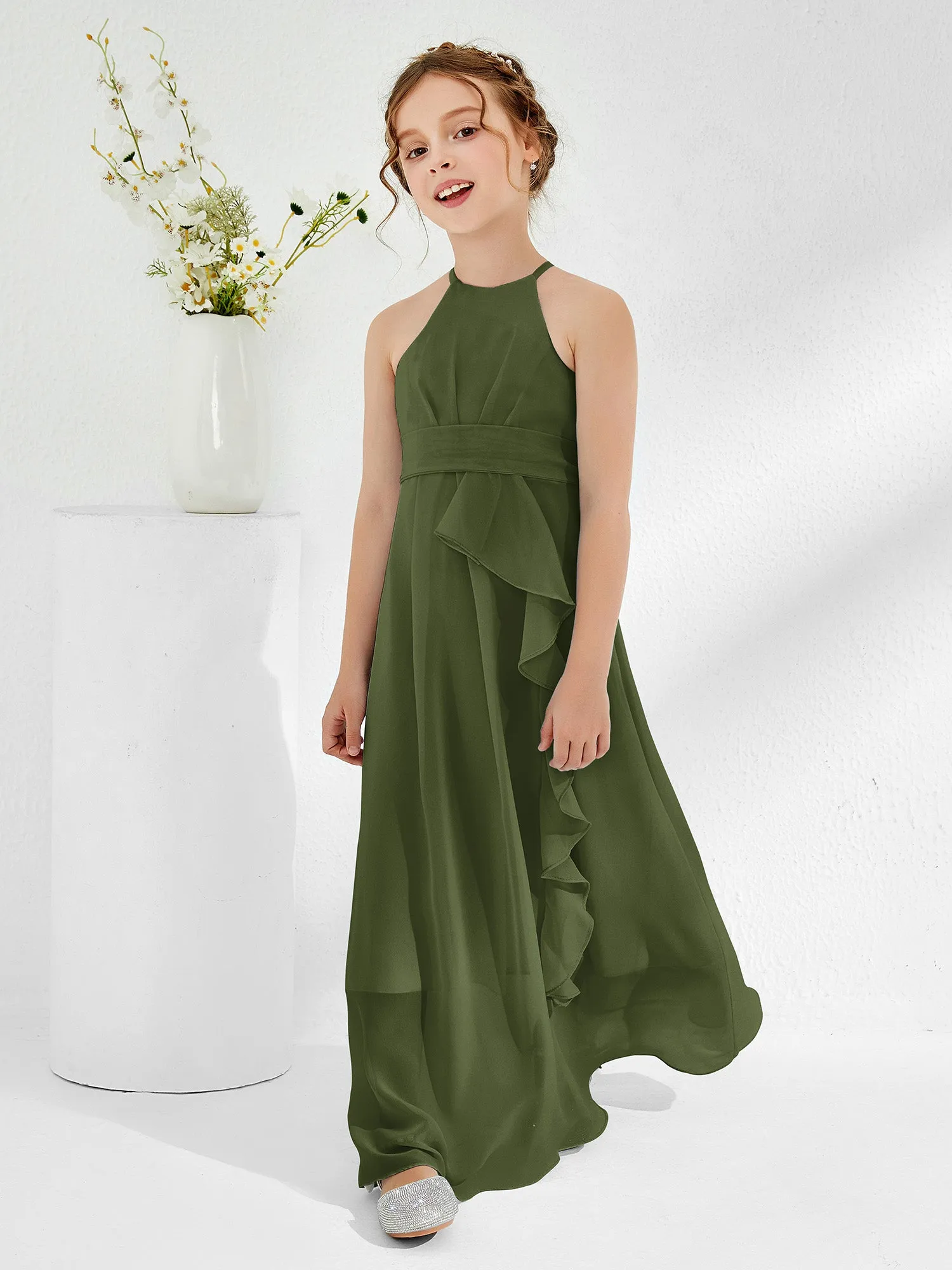 Halter Neckline Junior Bridesmaid Dresses with Sash Olive Green