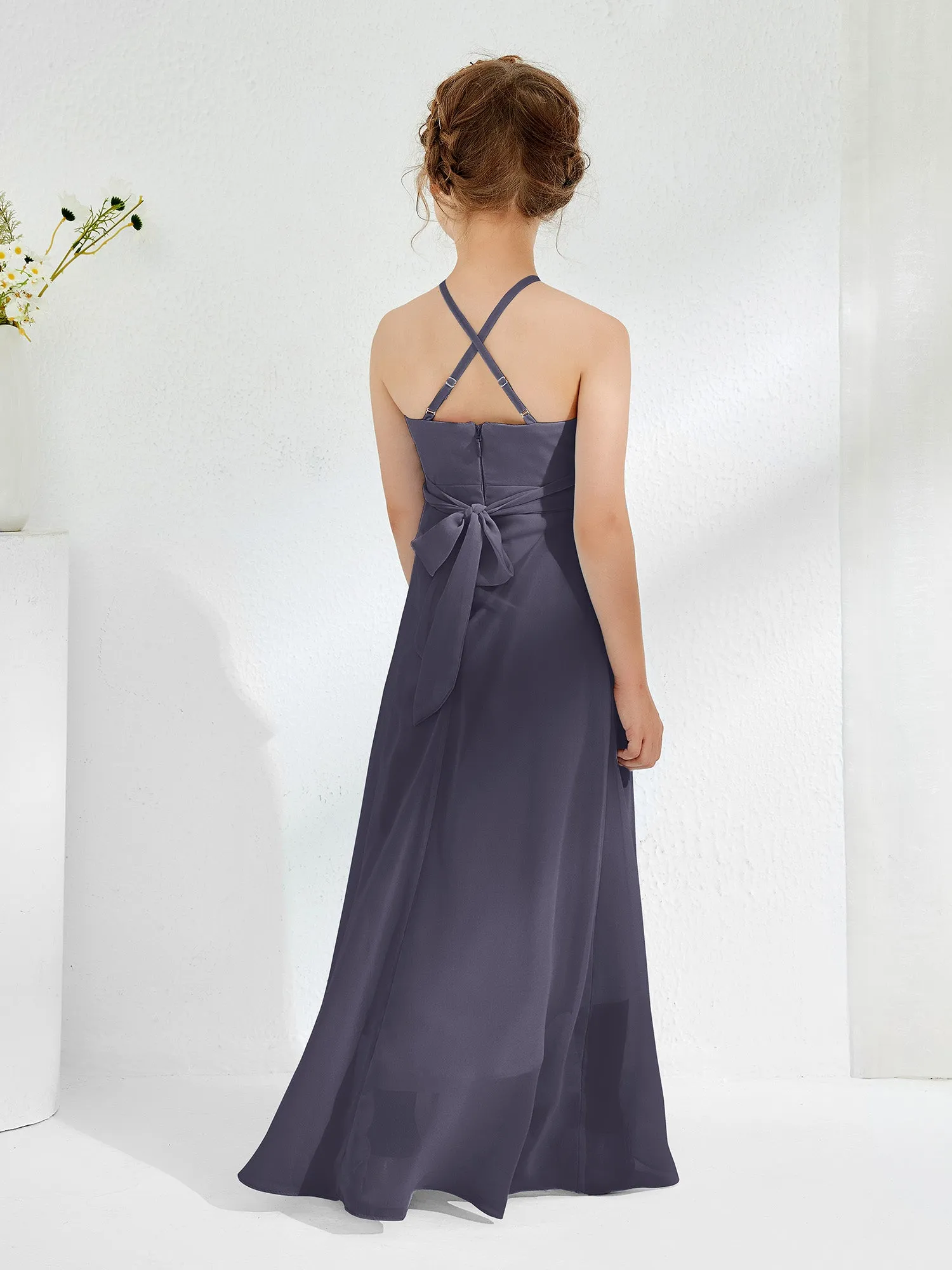 Halter Neckline Junior Bridesmaid Dresses with Sash Stormy