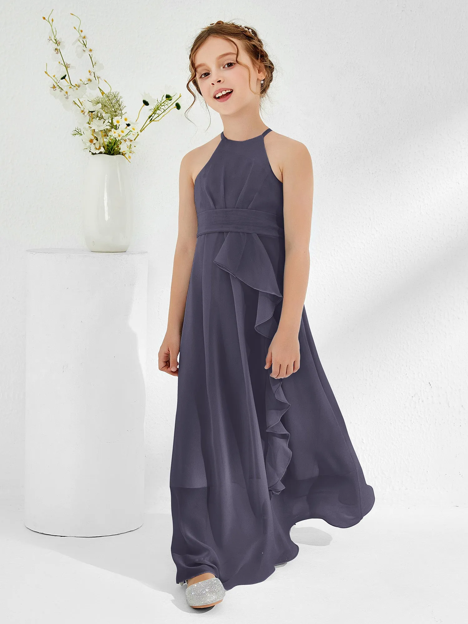Halter Neckline Junior Bridesmaid Dresses with Sash Stormy