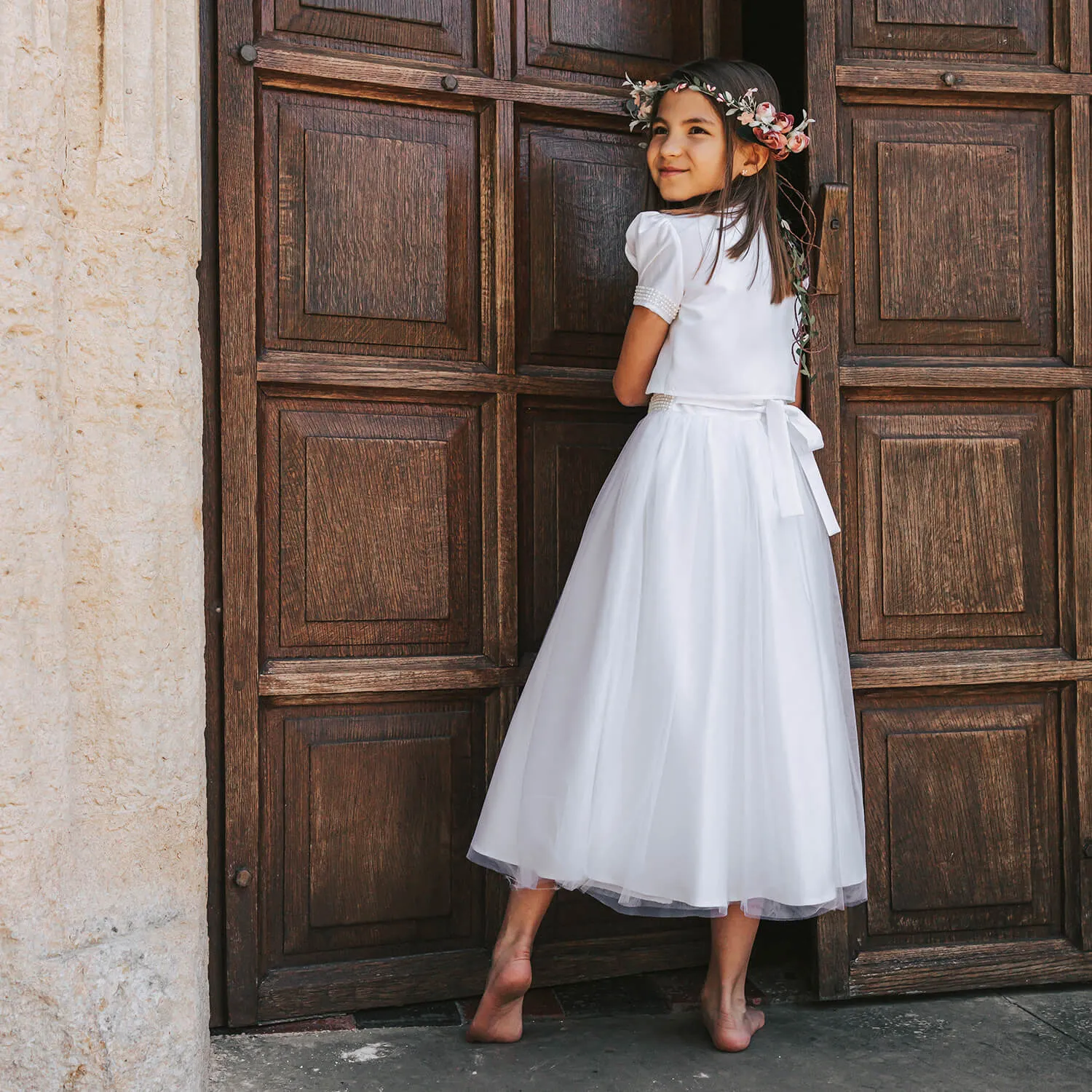 Harper Flower Girl Dress - White with Petal Bag
