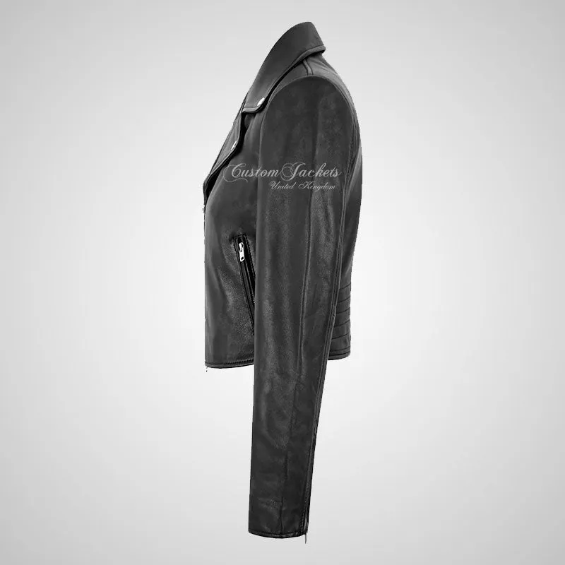 IOANA Ladies Black Leather Biker Jacket Short Fitted