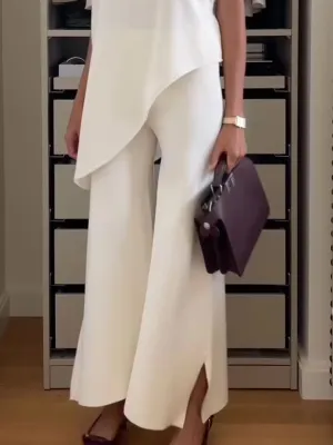 Ivyshape | Collar Irregular Hem Top with Slit Pants Suit