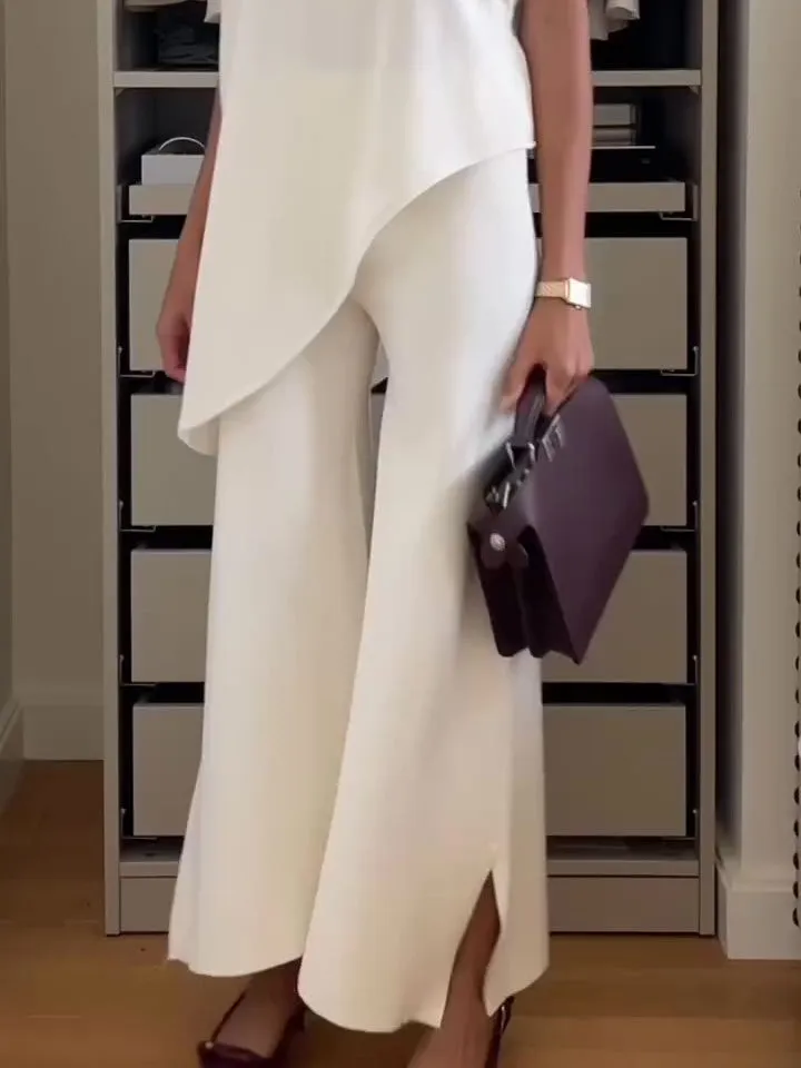Ivyshape | Collar Irregular Hem Top with Slit Pants Suit