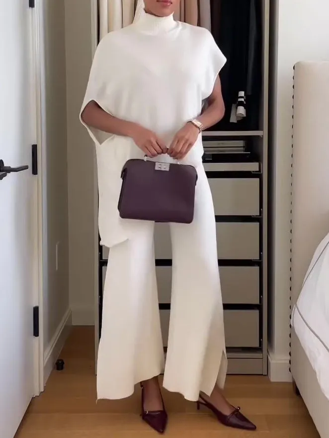 Ivyshape | Collar Irregular Hem Top with Slit Pants Suit