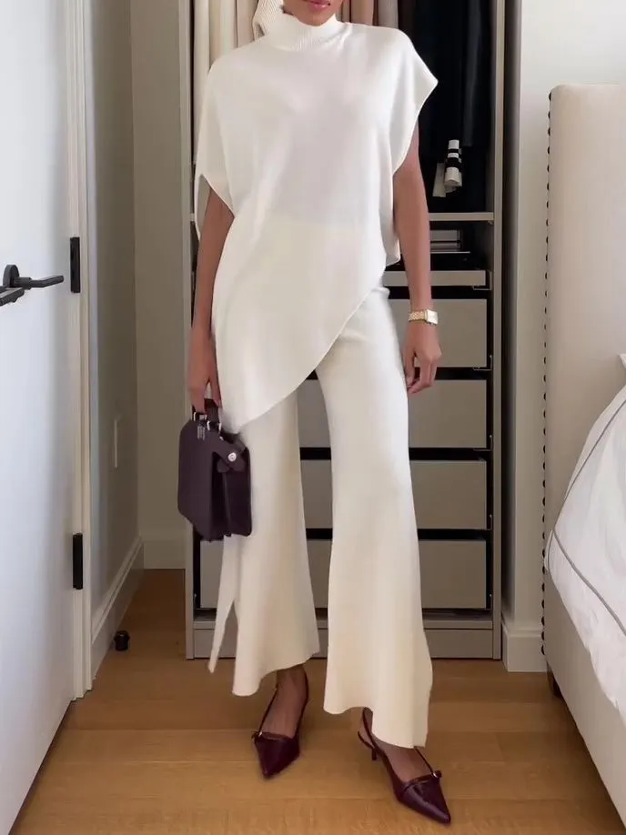 Ivyshape | Collar Irregular Hem Top with Slit Pants Suit