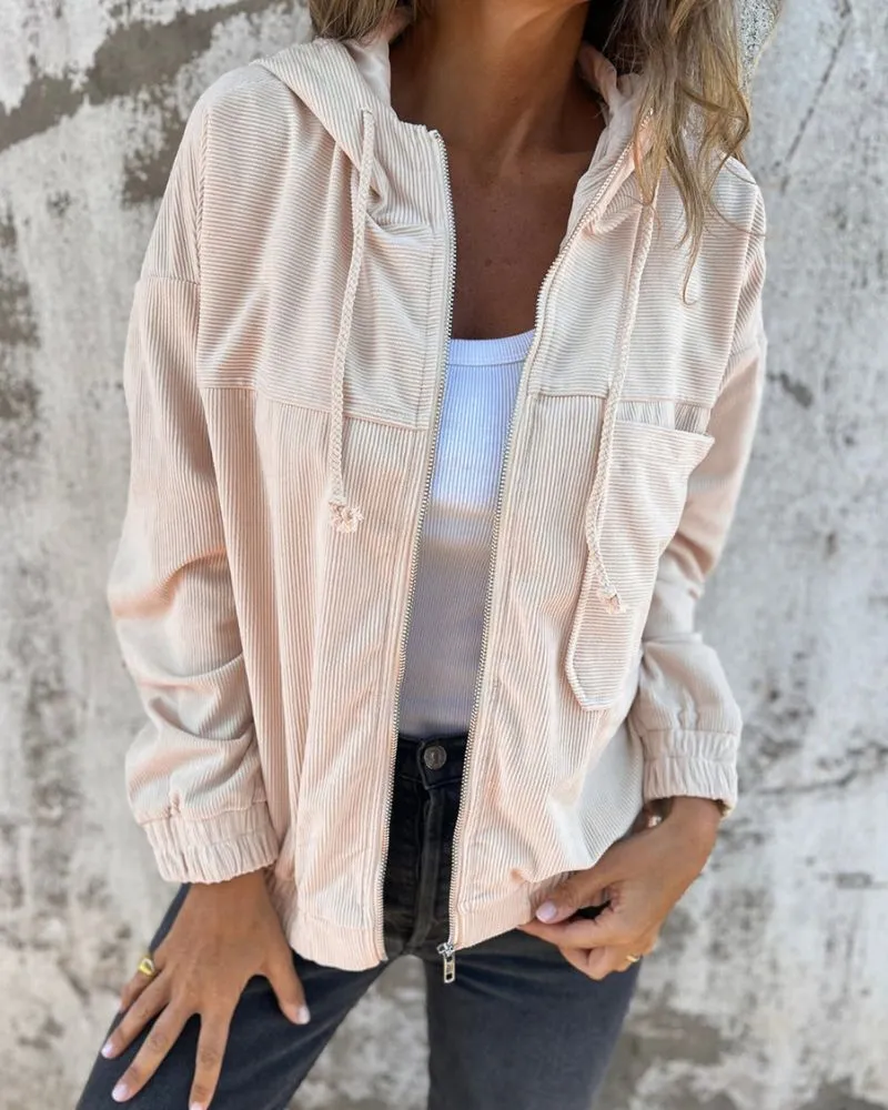 Ivyshape | Corduroy Hooded Zip Up Jacket