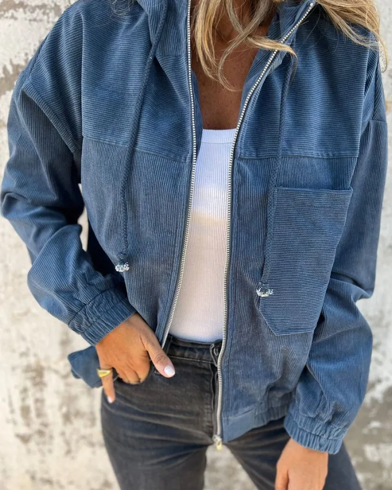 Ivyshape | Corduroy Hooded Zip Up Jacket
