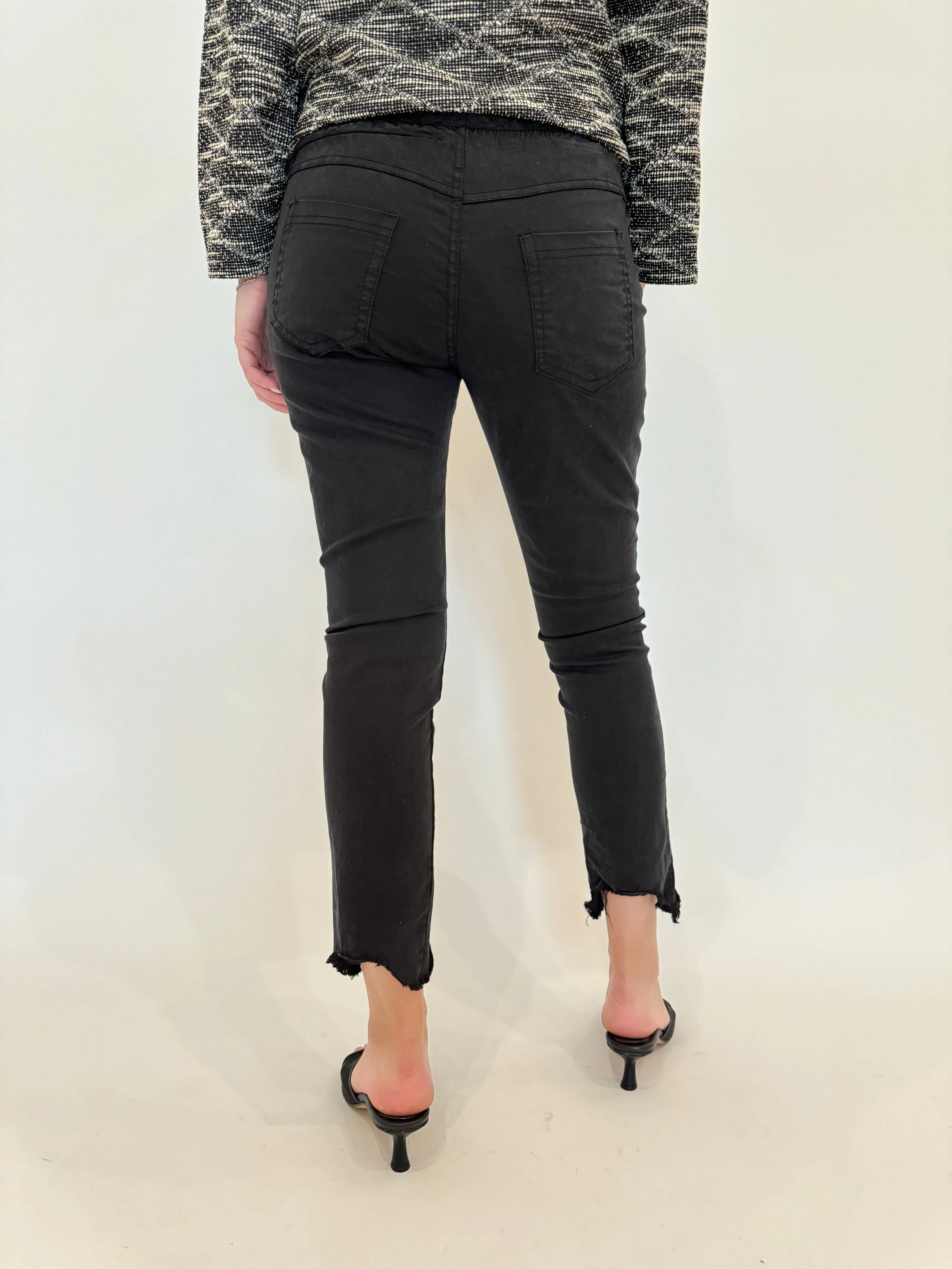 Kylie Distressed Fringe Hem Crinkle Jogger - Black