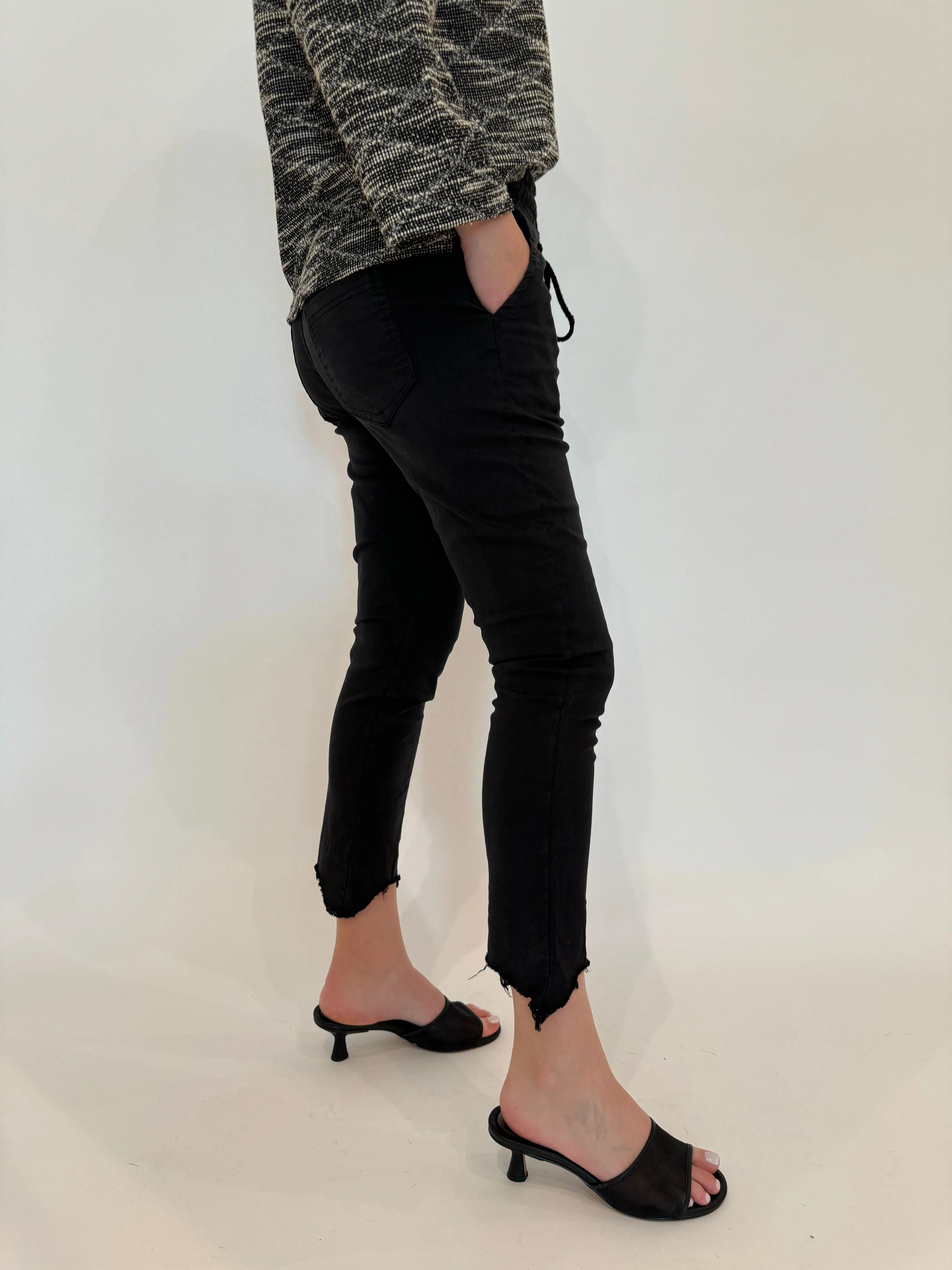 Kylie Distressed Fringe Hem Crinkle Jogger - Black
