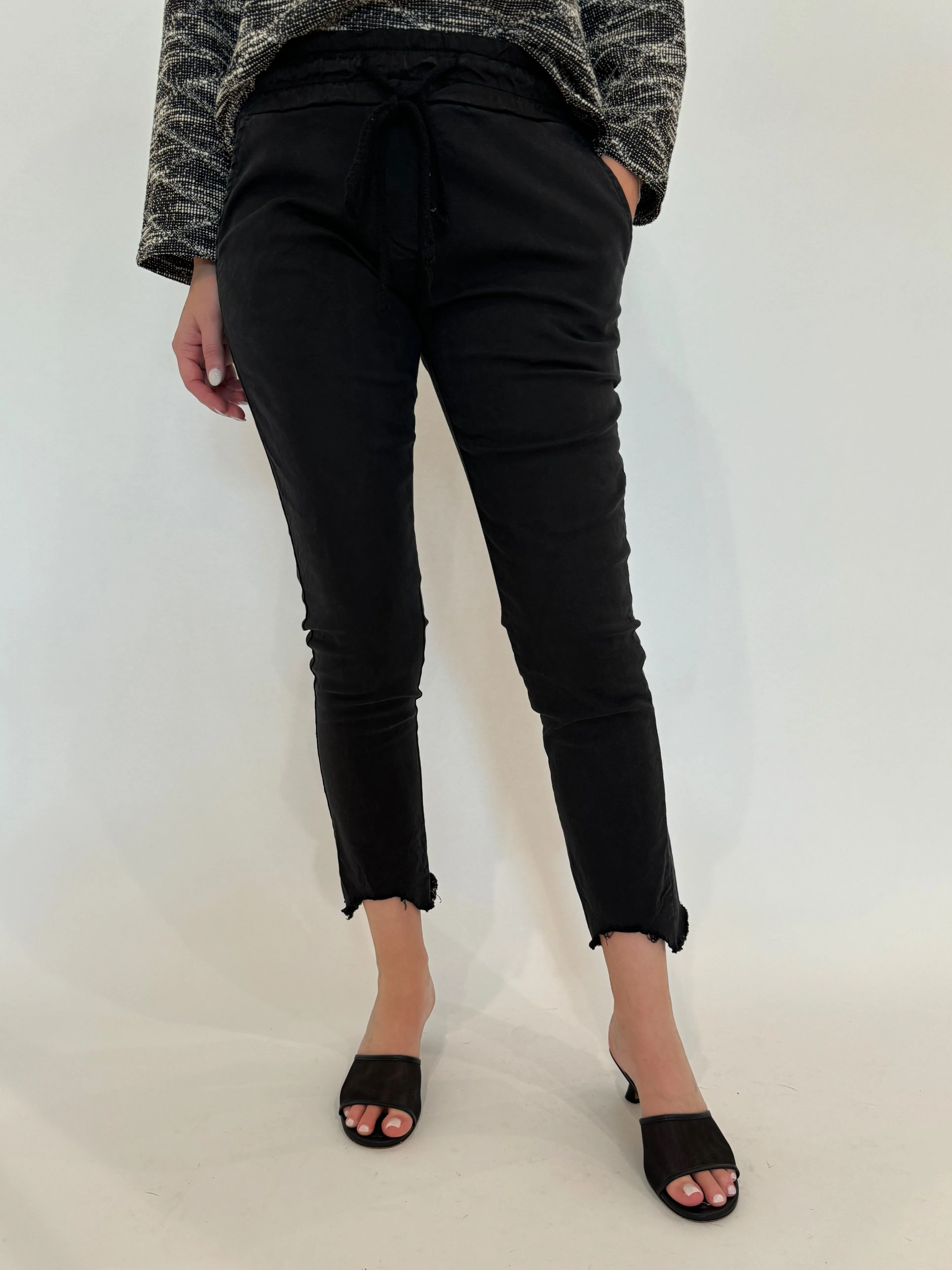 Kylie Distressed Fringe Hem Crinkle Jogger - Black
