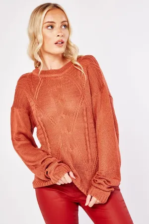 Ladies Rust Cable Knit Pattern Long Sleeve Regular Fit Jumper