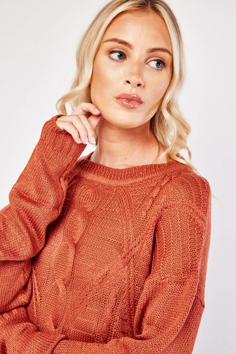 Ladies Rust Cable Knit Pattern Long Sleeve Regular Fit Jumper