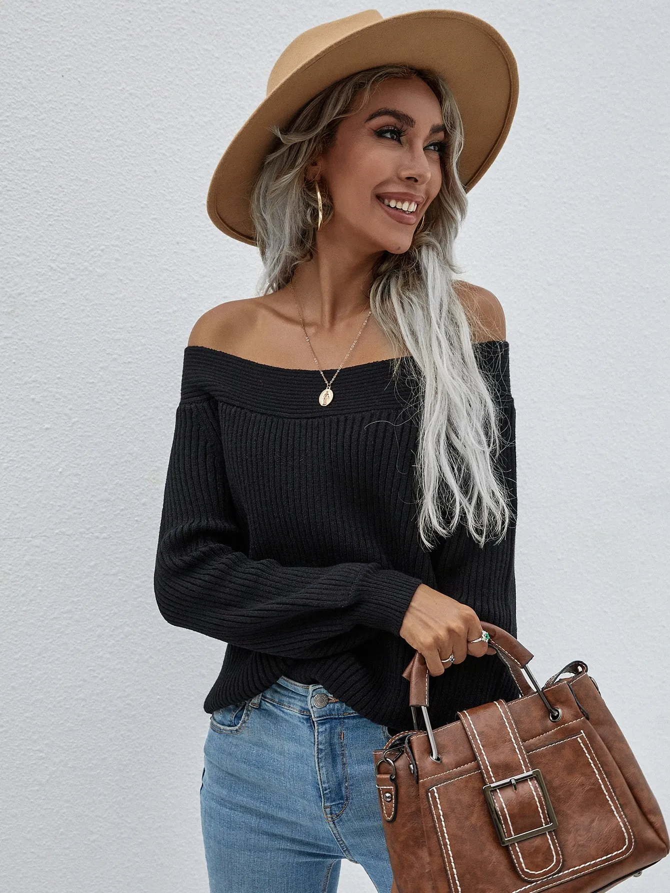 Large Size Loose Knit Solid Color Pullover Sweater
