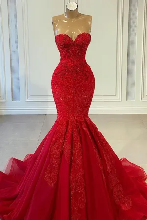 Long Mermaid Sweetheart Sleeveless Tulle Lace Prom Dresses