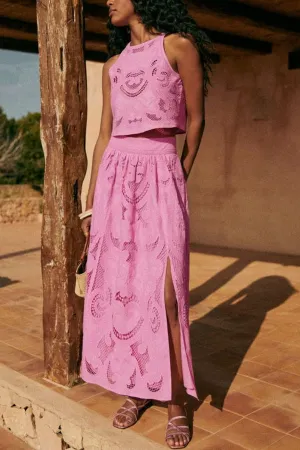 Look Stunning Cutout Embroidery Lace High Rise Slit Maxi Skirt